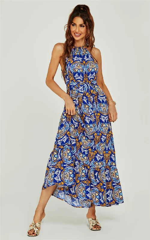 Midi dresses with printed lining for a hidden and stylish detail Rose Flora Print Halterneck Tiered Maxi Dress In Royal Blue