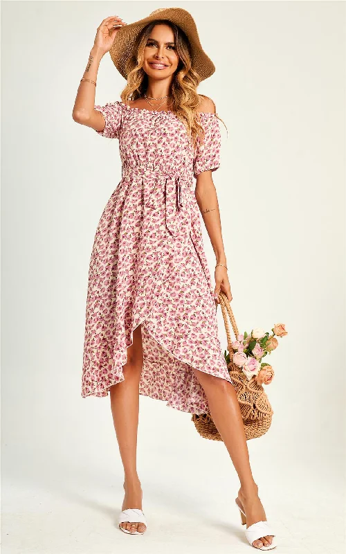 Midi dresses with metallic threads for a glamorous evening event Rose Garden Bardot Frill High Low Slip Midi Dress In Pink Midi dresses with metallic threads for a glamorous evening event Rose Garden Bardot Frill High Low Slip Midi Dress In Pink