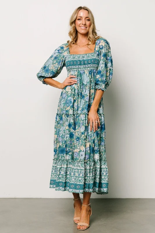 Midi dresses with animal prints for a bold and confident appearance Shanna Tiered Dress | Emerald Multi Midi dresses with animal prints for a bold and confident appearance Shanna Tiered Dress | Emerald Multi