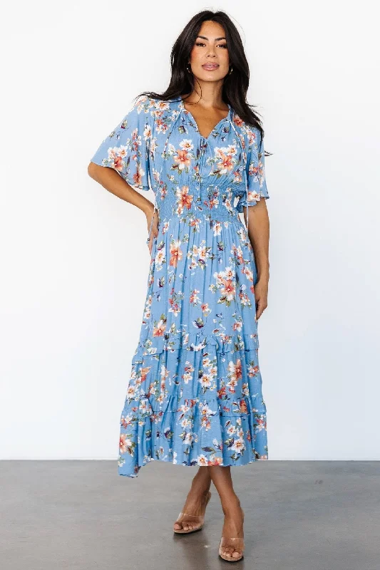 Midi dresses with V - necklines for a flattering and elongating effect Spell Boho Midi Dress | Blue + Peach Floral Midi dresses with V - necklines for a flattering and elongating effect Spell Boho Midi Dress | Blue + Peach Floral