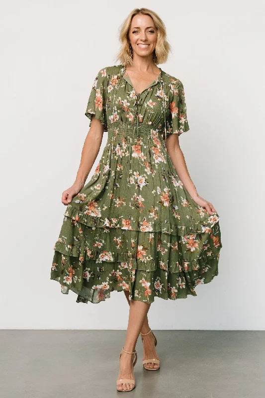Midi dresses with bow accents for a sweet and charming look Spell Boho Midi Dress | Olive Floral