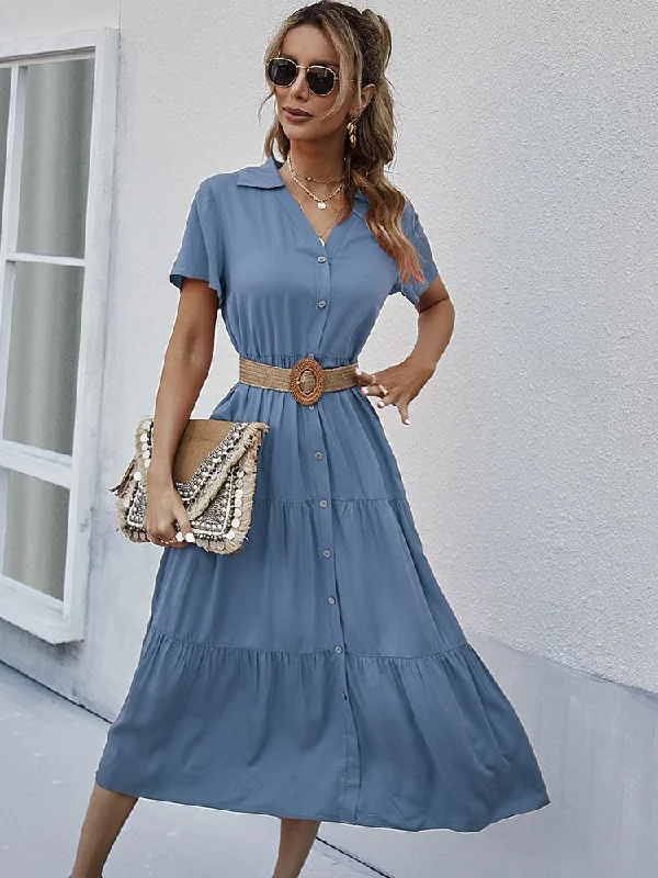 Midi dresses with ruched bodices for a feminine and fitted feel FashionSierra - Solid Ruffles A-line Casual V-neck High Waist Shirt Dress Midi dresses with ruched bodices for a feminine and fitted feel FashionSierra - Solid Ruffles A-line Casual V-neck High Waist Shirt Dress