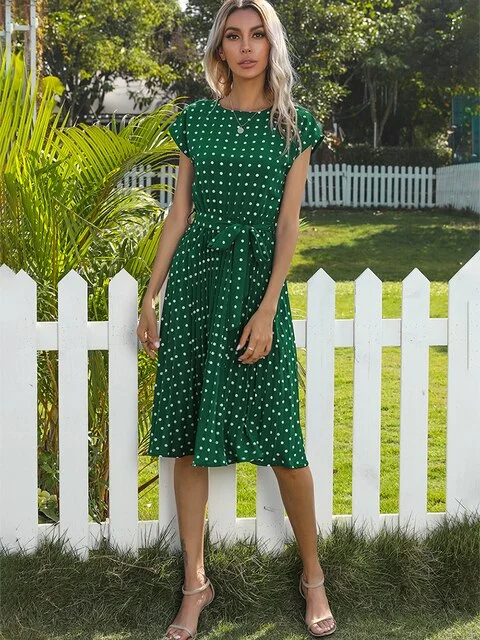 Maxi - inspired midi dresses with flowing fabrics for a beachy vibe FashionSierra - Polka Dot Short Sleeve Bandage Party Pleated Midi Dress