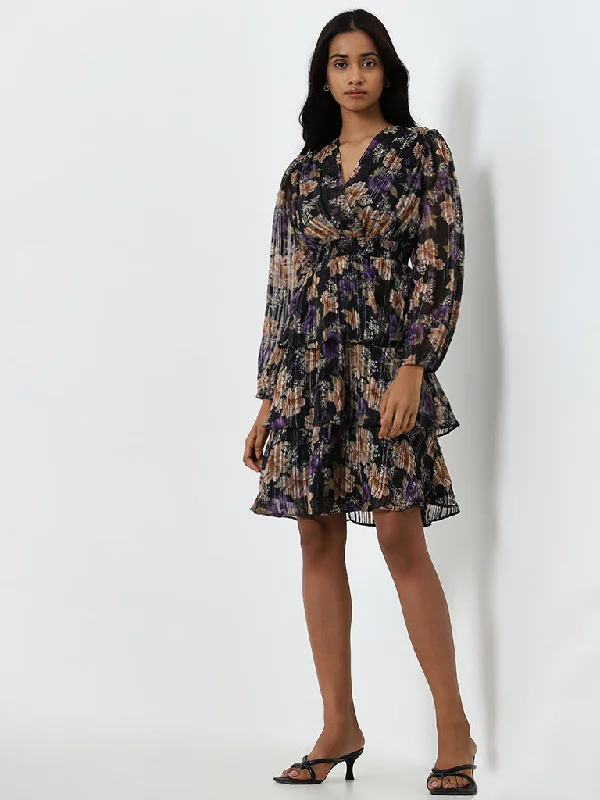 Midi dresses with empire waists for a flattering maternity option Wardrobe Black Floral Ruffled A-Line Dress Midi dresses with empire waists for a flattering maternity option Wardrobe Black Floral Ruffled A-Line Dress