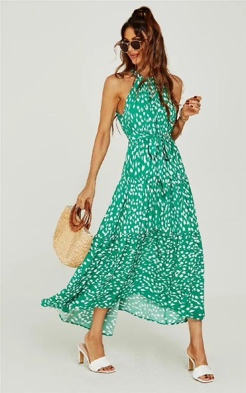 Midi dresses with pom - pom trims for a playful and festive look White Animal Print Halter Neck Maxi Layer Dress In Green
