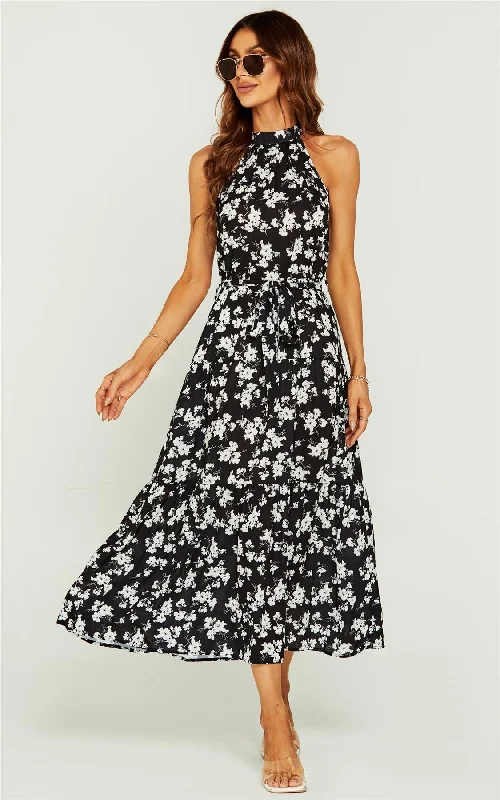 Midi dresses with tiered skirts for a bohemian festival look White Flora Print Halter Neck Midi Layer Dress In Black