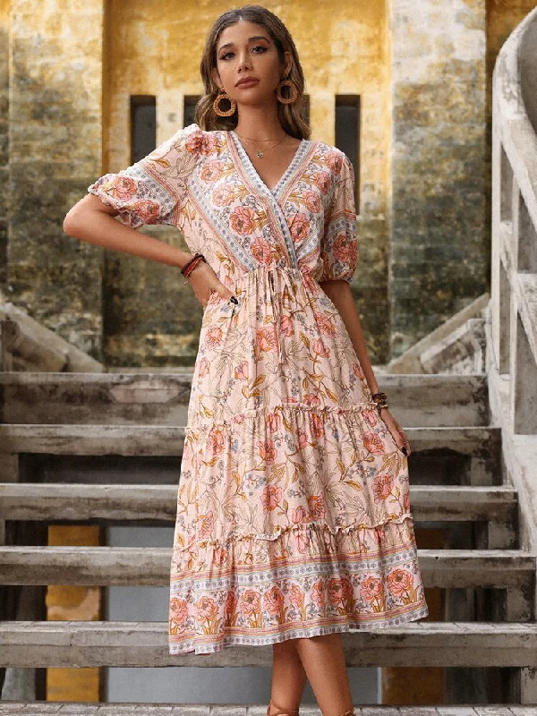 Midi dresses with lace - up fronts for a unique and adjustable style FashionSierra - Bohemian Print V-neck HolidayChiffon Dress