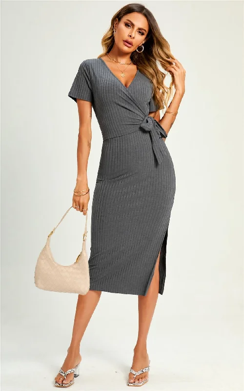Midi dresses with wrap - around skirts for a customizable fit Wrap Style Slip Midi Dress In Charcoal Grey Midi dresses with wrap - around skirts for a customizable fit Wrap Style Slip Midi Dress In Charcoal Grey