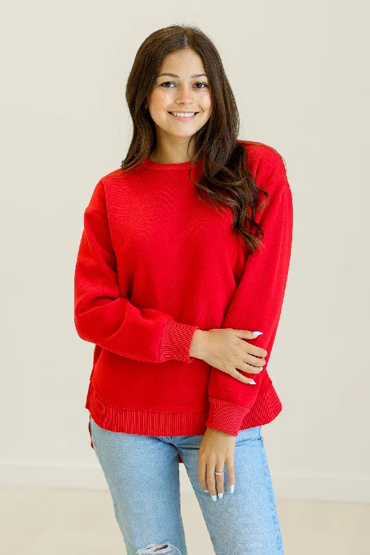 V - Neck Women's Cotton Pullovers for a Casual Look Red Fleece Sweatshirt