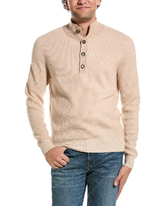 Amicale Cashmere Plaited Brioche Button Mock Cashmere Sweater