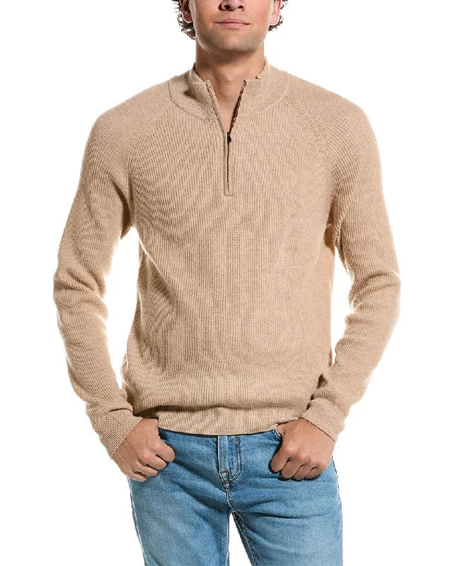 Amicale Cashmere Two-Tone Plaited Rib Cashmere 1/4-Zip Sweater