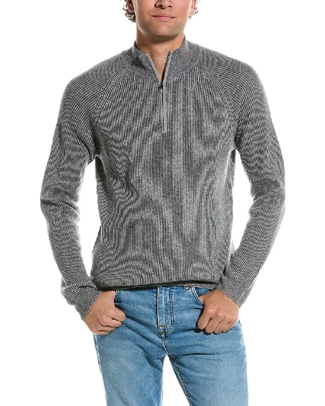 Amicale Cashmere Two-Tone Plaited Rib Cashmere 1/4-Zip Sweater