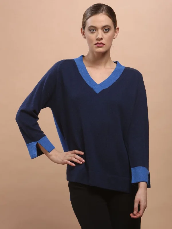Thermal Women's Pullovers in Dark Colors for Cold Weather Color Block V Neck