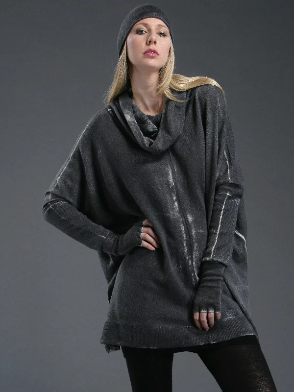 Women's High - Low Hem Pullovers in a Contemporary Design Hand Painted Oversized Cowl Neck Poncho in Mongolia Cashmere Women's High - Low Hem Pullovers in a Contemporary Design Hand Painted Oversized Cowl Neck Poncho in Mongolia Cashmere