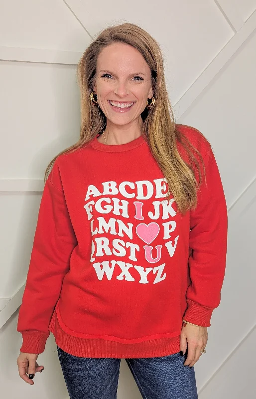 Long - Line Women's Pullovers in a Relaxed Fit for Layering I Love You on Red French Terry Sweatshirt With Ribbed Knit Long - Line Women's Pullovers in a Relaxed Fit for Layering I Love You on Red French Terry Sweatshirt With Ribbed Knit