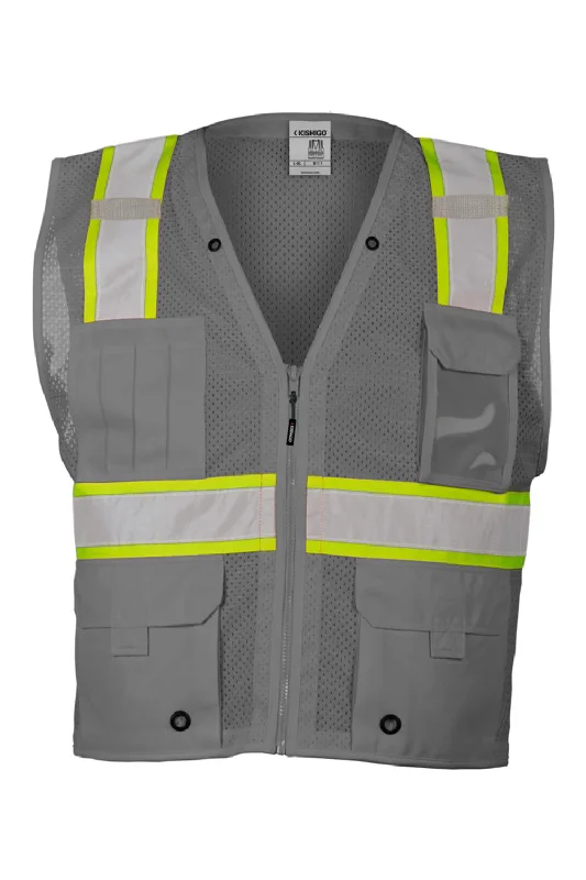 Kishigo Mens EV Series Enhanced Visibility Multi Pocket Mesh Vest - Grey/Lime Green