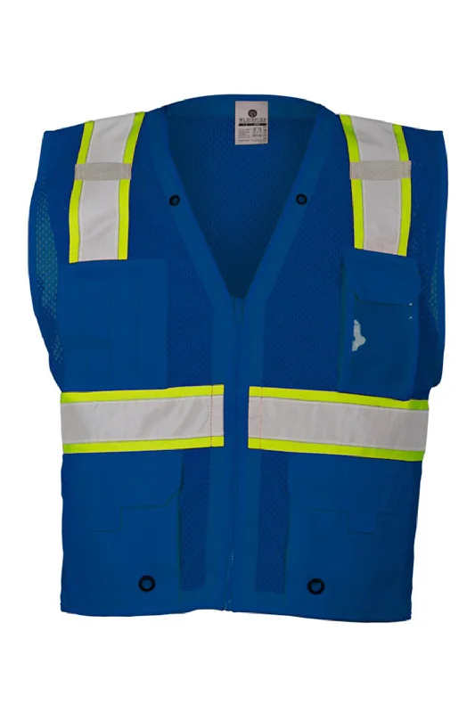 Kishigo Mens EV Series Enhanced Visibility Multi Pocket Mesh Vest - Royal Blue/Lime Green