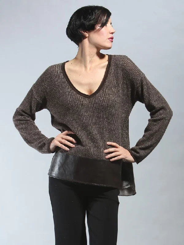 Women's Mock Neck Pullovers in Satin Fabric for Elegance Leather Hem V-Neck Pullover Women's Mock Neck Pullovers in Satin Fabric for Elegance Leather Hem V-Neck Pullover