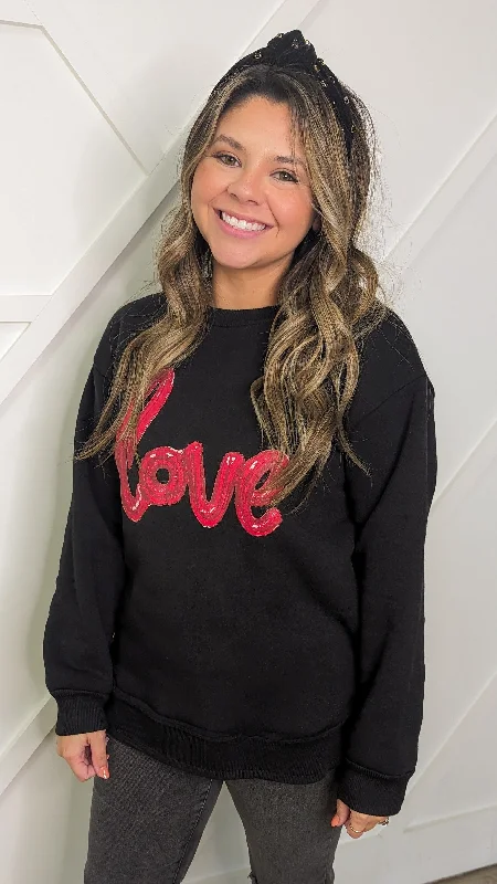 Women's Oversized Chunky Knit Pullovers in Neutral Tones LOVE on Black French Terry Sweatshirt With Ribbed Knit Women's Oversized Chunky Knit Pullovers in Neutral Tones LOVE on Black French Terry Sweatshirt With Ribbed Knit