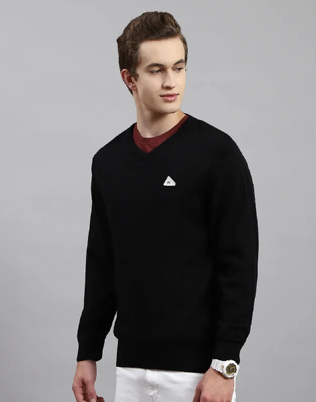 Men Black Solid V Neck Full Sleeve Pullover