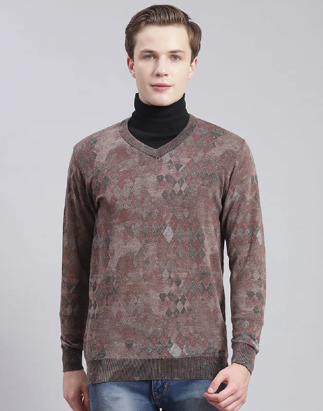 Men Brown Self Design V Neck Full Sleeve Sweater