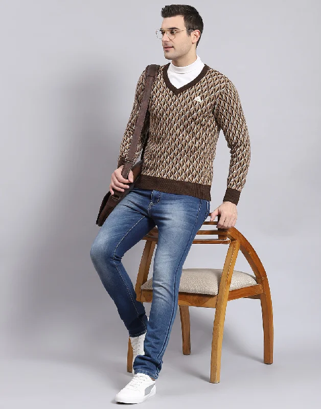 Men Brown Self Design V Neck Full Sleeve Sweater