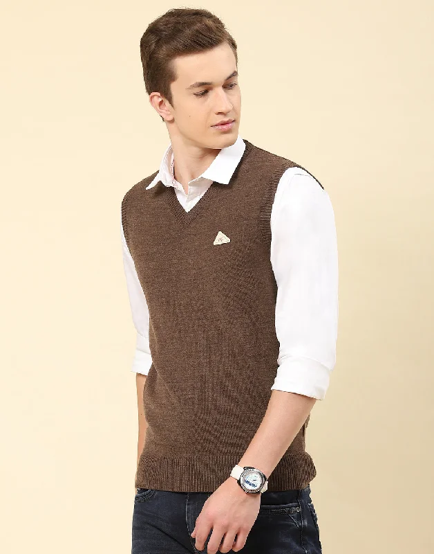 Men Brown Solid V Neck Sleeveless Sweater