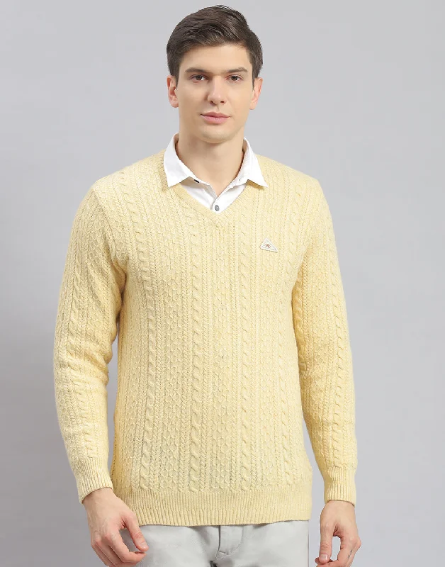 Men Cream Self Design V Neck Full Sleeve Pullover