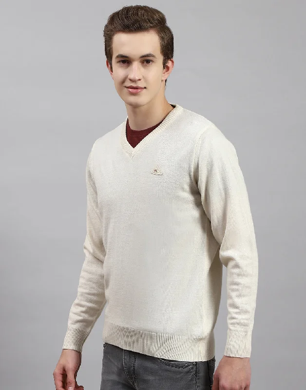 Men Cream Solid V Neck Full Sleeve Pullover