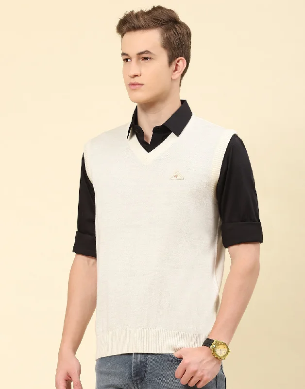 Men Cream Solid V Neck Sleeveless Sweater