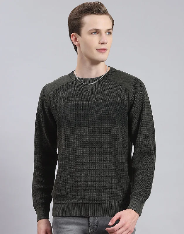 Men Green Self Design Round Neck Full Sleeve Sweater