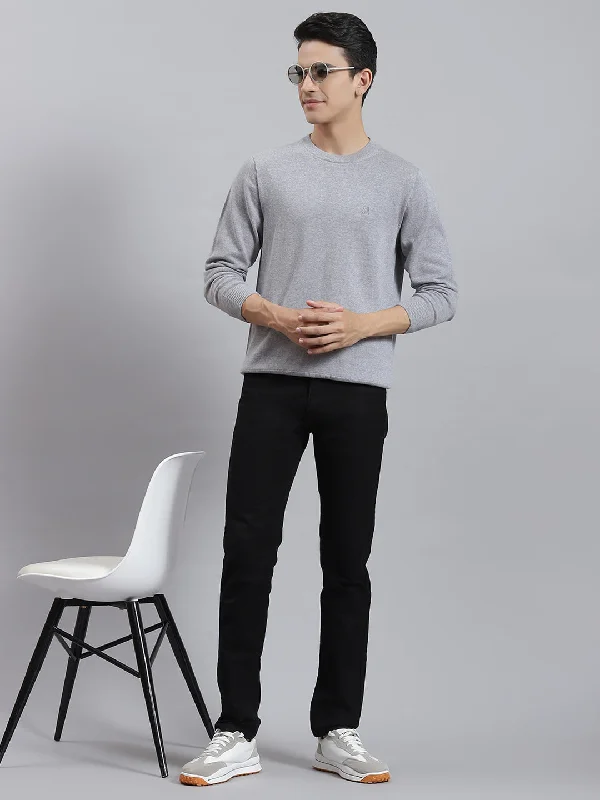 Men Grey Solid Round Neck Full Sleeve Sweaters/Pullovers