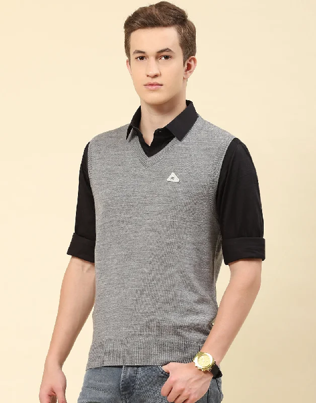 Men Grey Solid V Neck Sleeveless Sweater