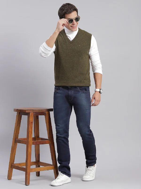 Men Olive Solid V Neck Sleeveless Sweaters/Pullovers