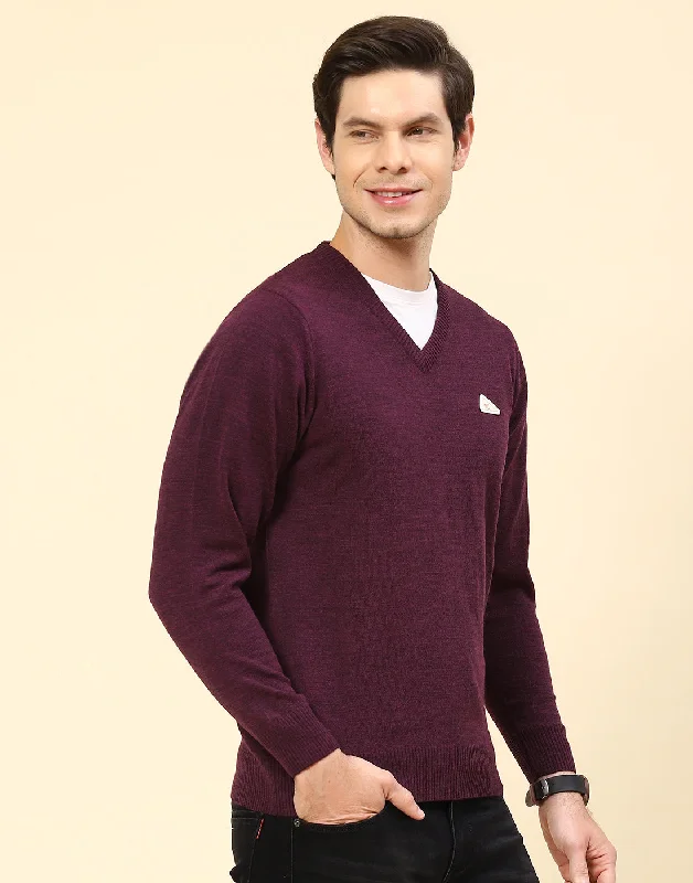 Men Purple Solid V Neck Full Sleeve Pullover