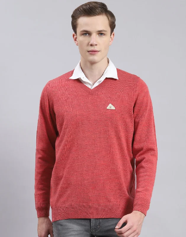 Men Red Solid V Neck Full Sleeve Pullover