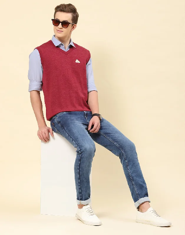 Men Red Solid V Neck Sleeveless Sweater