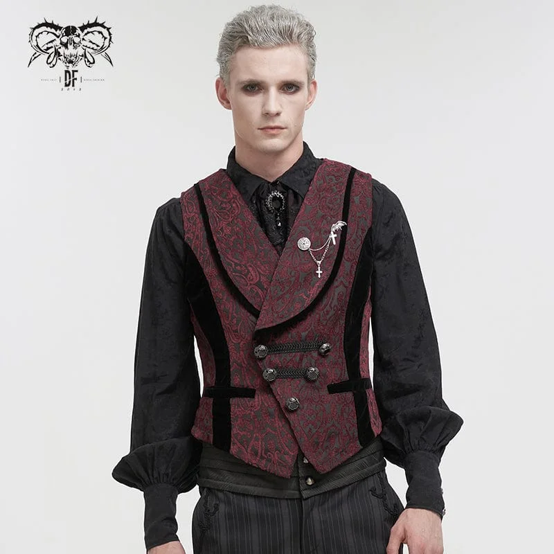 Men's Gothic Embossed Waistcoat with Brooch Red