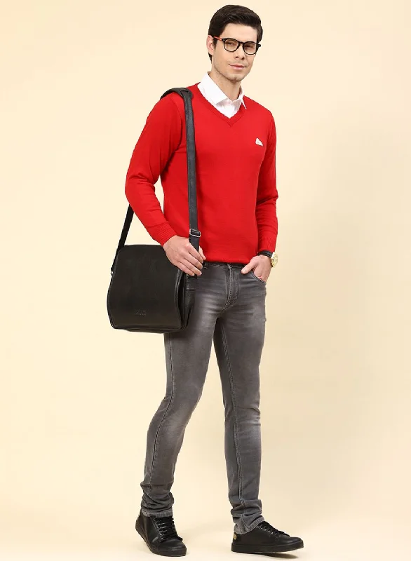 Men Red Solid Wool blend Pullover