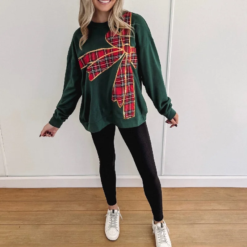 Cable - Knit Women's Pullovers in Earthy Tones for a Rustic Look Plaid Bow Pullover - Green Cable - Knit Women's Pullovers in Earthy Tones for a Rustic Look Plaid Bow Pullover - Green