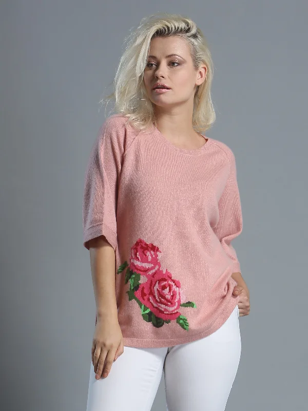 Women's Mock Neck Pullovers in Satin Fabric for Elegance Rose Intarsia Pullover
