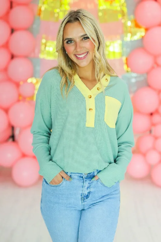 V - Neck Women's Cotton Pullovers for a Casual Look Sage waffle Knit Top