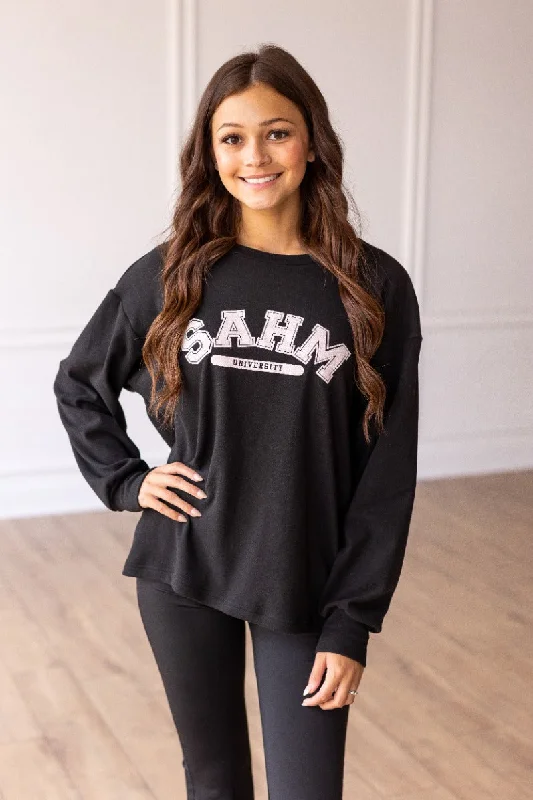 Long - Sleeve Women's Merino Wool Pullovers for Winter Warmth Stay At Home Mom University on Black Crewneck Long - Sleeve Women's Merino Wool Pullovers for Winter Warmth Stay At Home Mom University on Black Crewneck