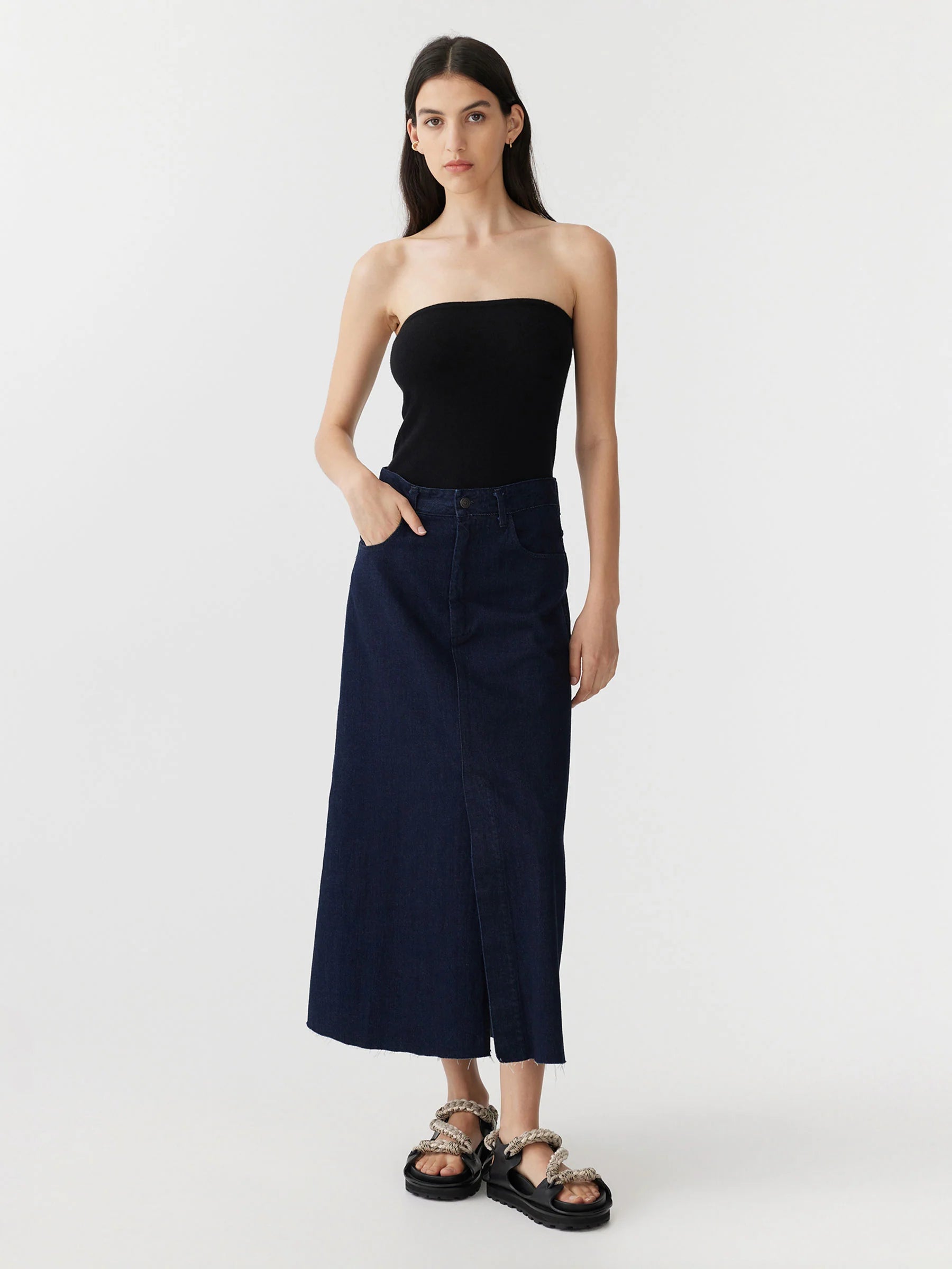 Dark - wash women jeans for a sophisticated and slimming effect  Bassike Longerline Denim Skirt - Indigo