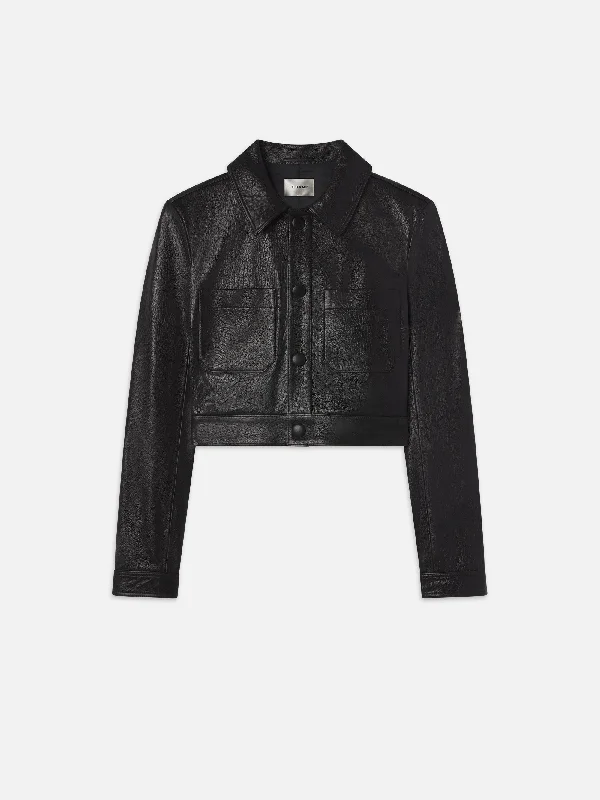 Ripped women jeans for a rebellious and fashion - forward style  Leather Button Front Jacket -- Black