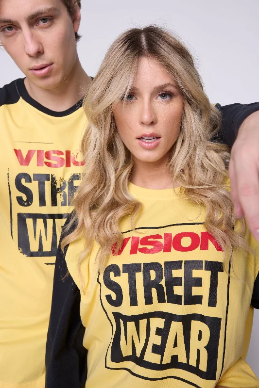 Colored women jeans in vibrant hues like red and yellow  Checker Print Sleeve Logo T-Shirt - Yellow+Black
