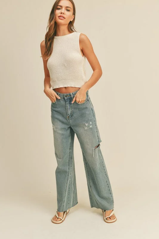 Light - wash women jeans for a fresh and summery appearance  Cut Out Wide Leg Denim Pants