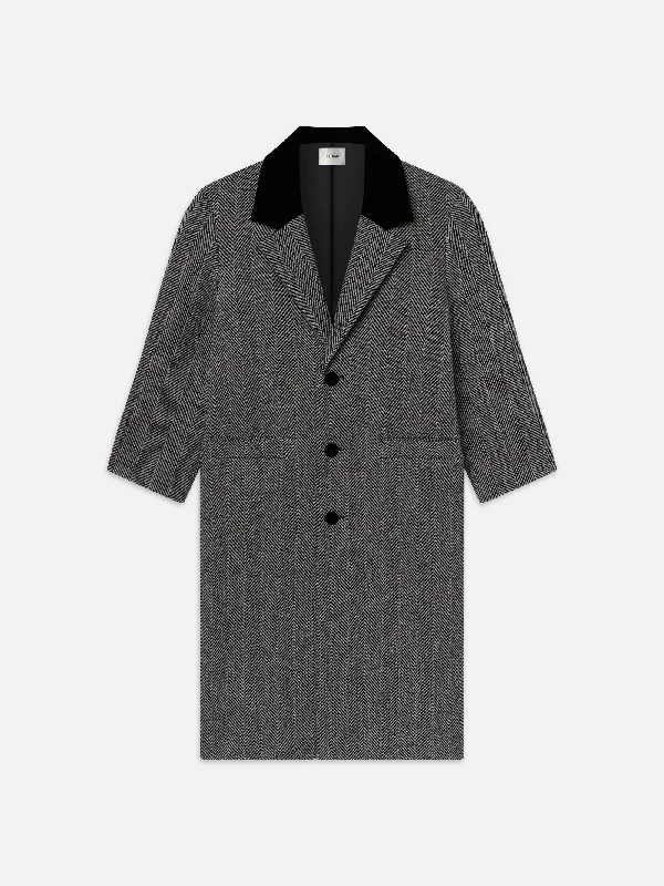 Button - fly women jeans with a traditional touch  Long Herringbone Coat -- Black Multi