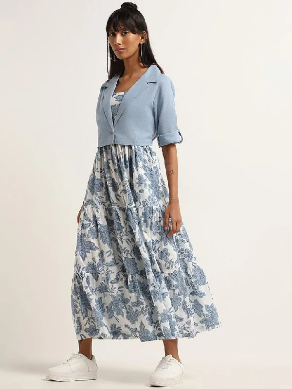 Women's low - rise denim pants Distressed women jeans for a trendy and edgy look Bombay Paisley Blue Floral Cotton Tiered Dress with Jacket