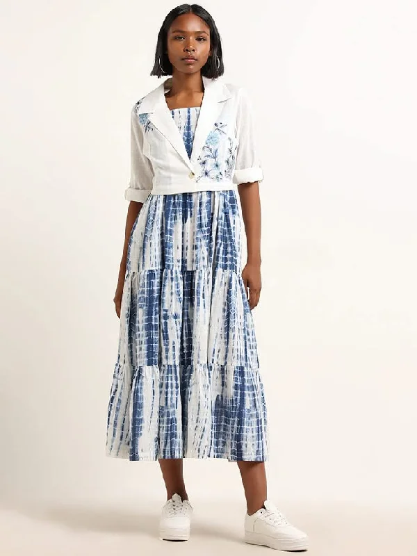 Women's flared office pants Ripped women jeans for a rebellious and fashion - forward style Bombay Paisley Blue Tie-Dye Print Cotton Tiered Dress with Jacket